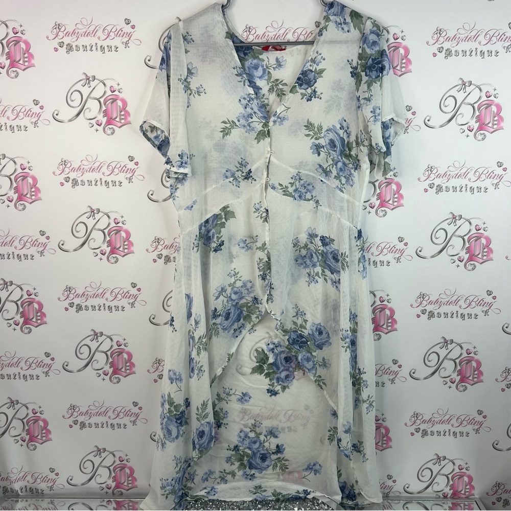 Guess dress button up flowers roses Blue and White Floral High Low Dress